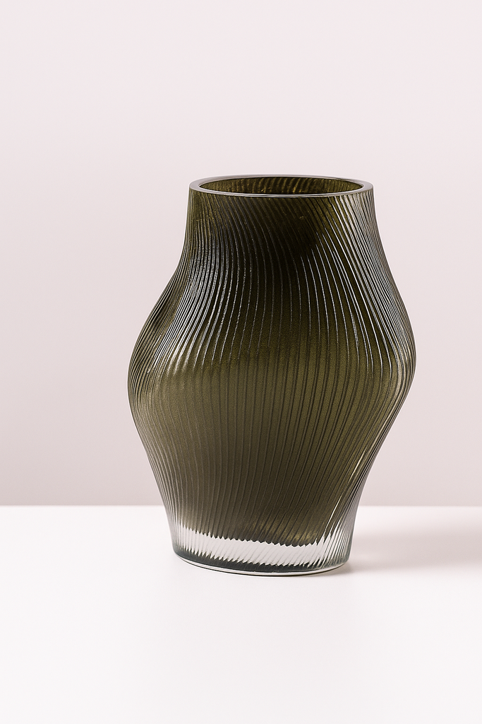 OLIVE RIBBED GLASS VASE