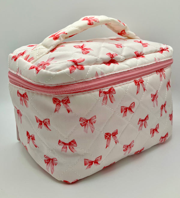 PINK BOW TOP HANDLE MAKEUP BAG