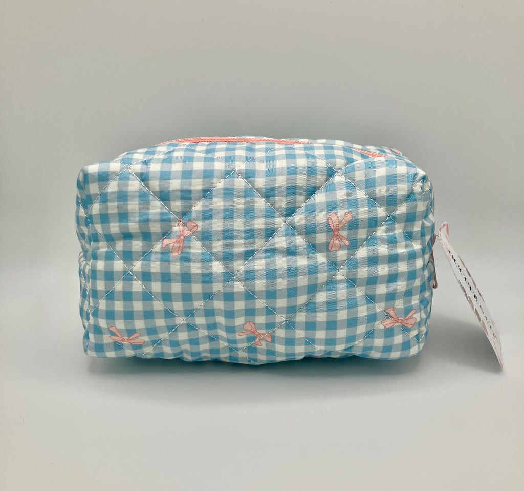 BLUE PLAID AND PINK BOW MAKEUP BAG