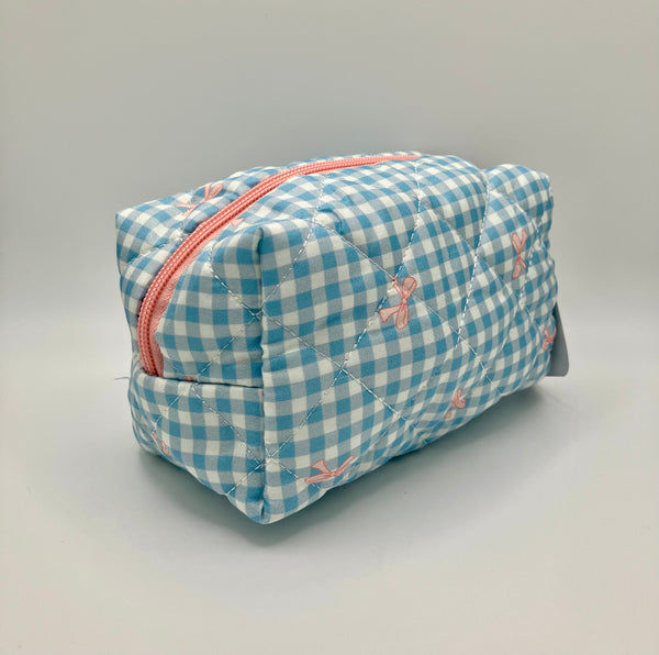 BLUE PLAID AND PINK BOW MAKEUP BAG
