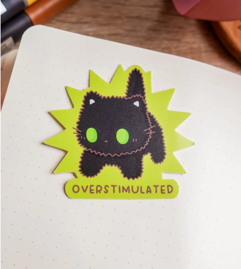 OVERSTIMULATED CAT GREEN STICKER