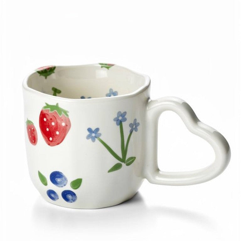 PAINTED BERRY FLOWER MUG W/ HEART HANDLE