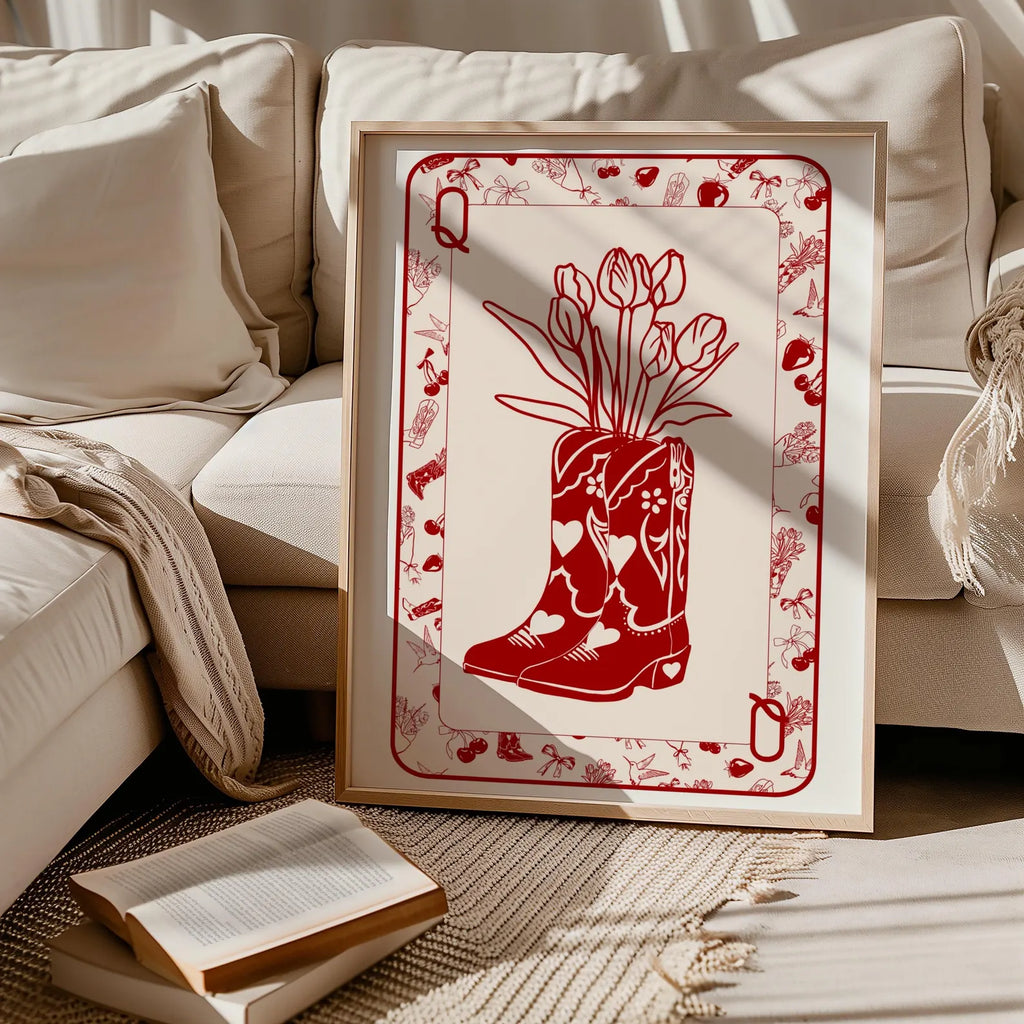 QUEEN OF HEART RED COWBOY BOOTS PRINT