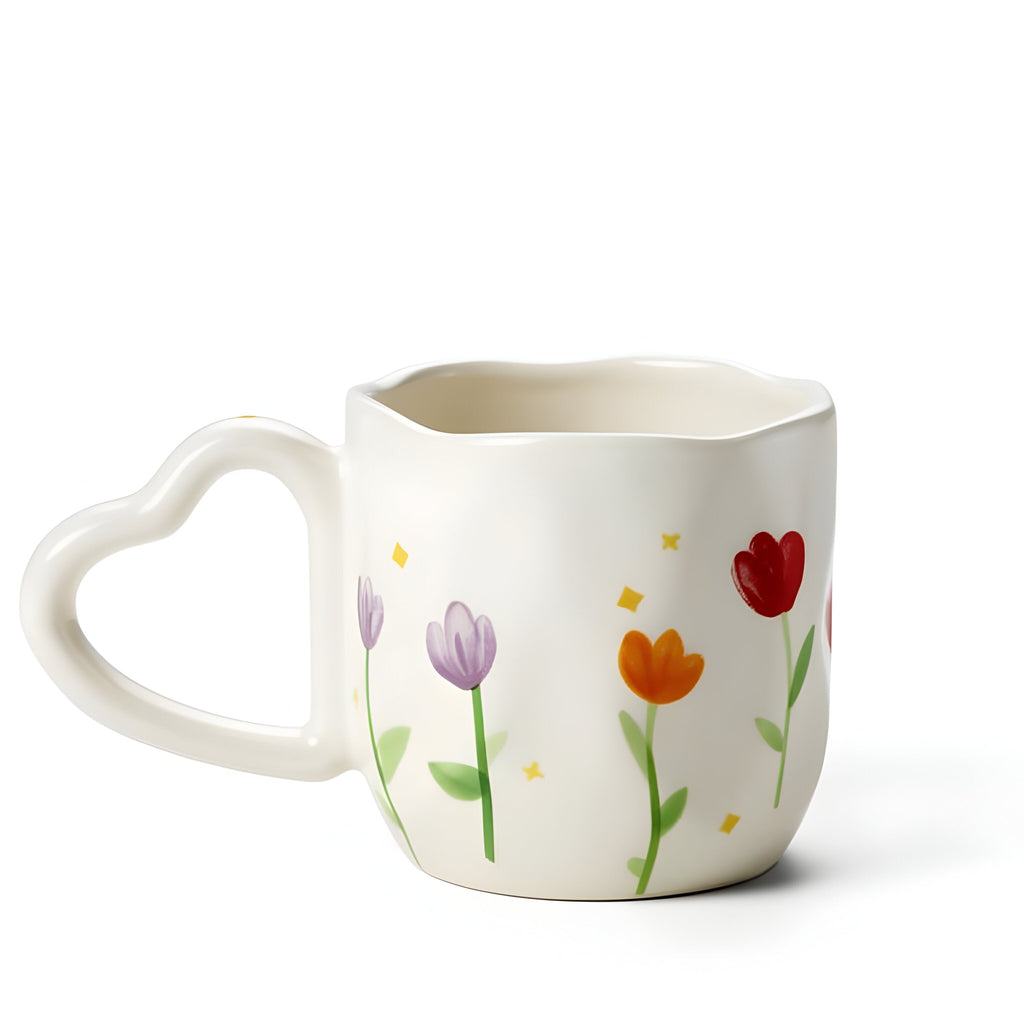 PAINTED FLOWER MUG W/ HEART HANDLE
